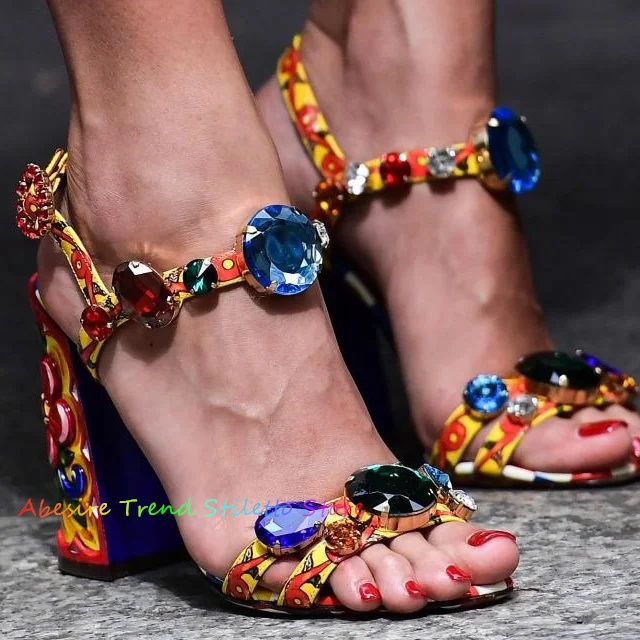 

Woman Luxury Rhinestone Sandals Bohemia Gem Ankle Strap Chunky Heels Open Toe Mid-Heel Mixed Color Party Dress Printed Shoes