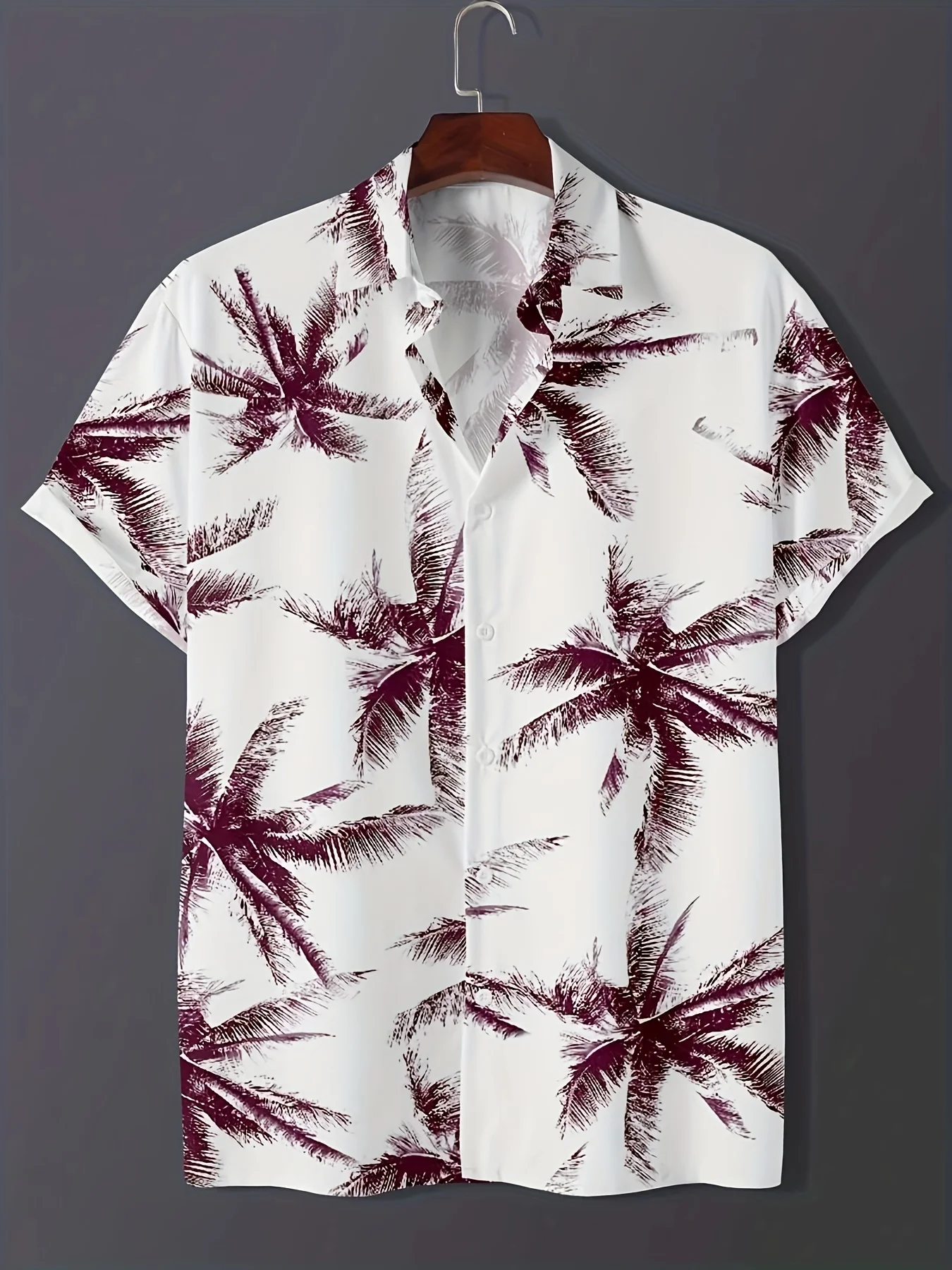 Kokospalm Patroon Gradiënt Print Heren Korte Mouw Button Down Revers Shirt, Geschikt Voor Zomervakantie, Hawaiiaanse Stijl