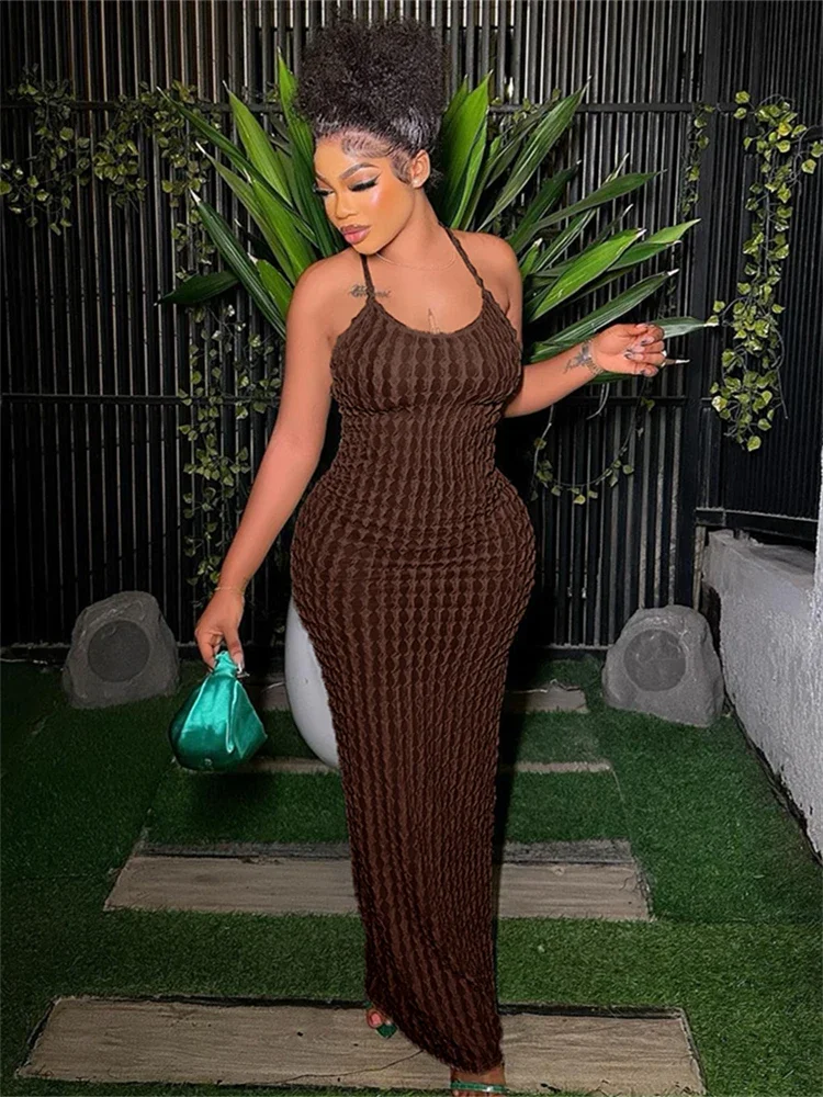 Kliou solide froncé Spaghetti sangle pansement Maxi robe femmes décontracté sans manches dos nu moulante dames fête Streetwear robes