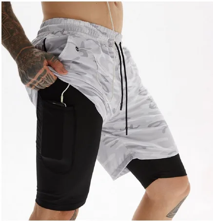 Men Workout Shorts with Legging Lining Slim Bodybuilding Short Pants with Zipper Pockets and Earphone Cable Hole