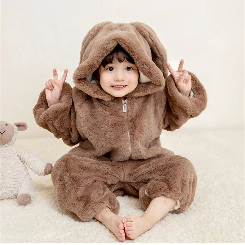 Newborn Lovely Bunny Baby Rompers Girls Clothes Long Eared Rabbit Kigurumis Cosplay Jumpsuits Costume Zipper Hoodie Toddler