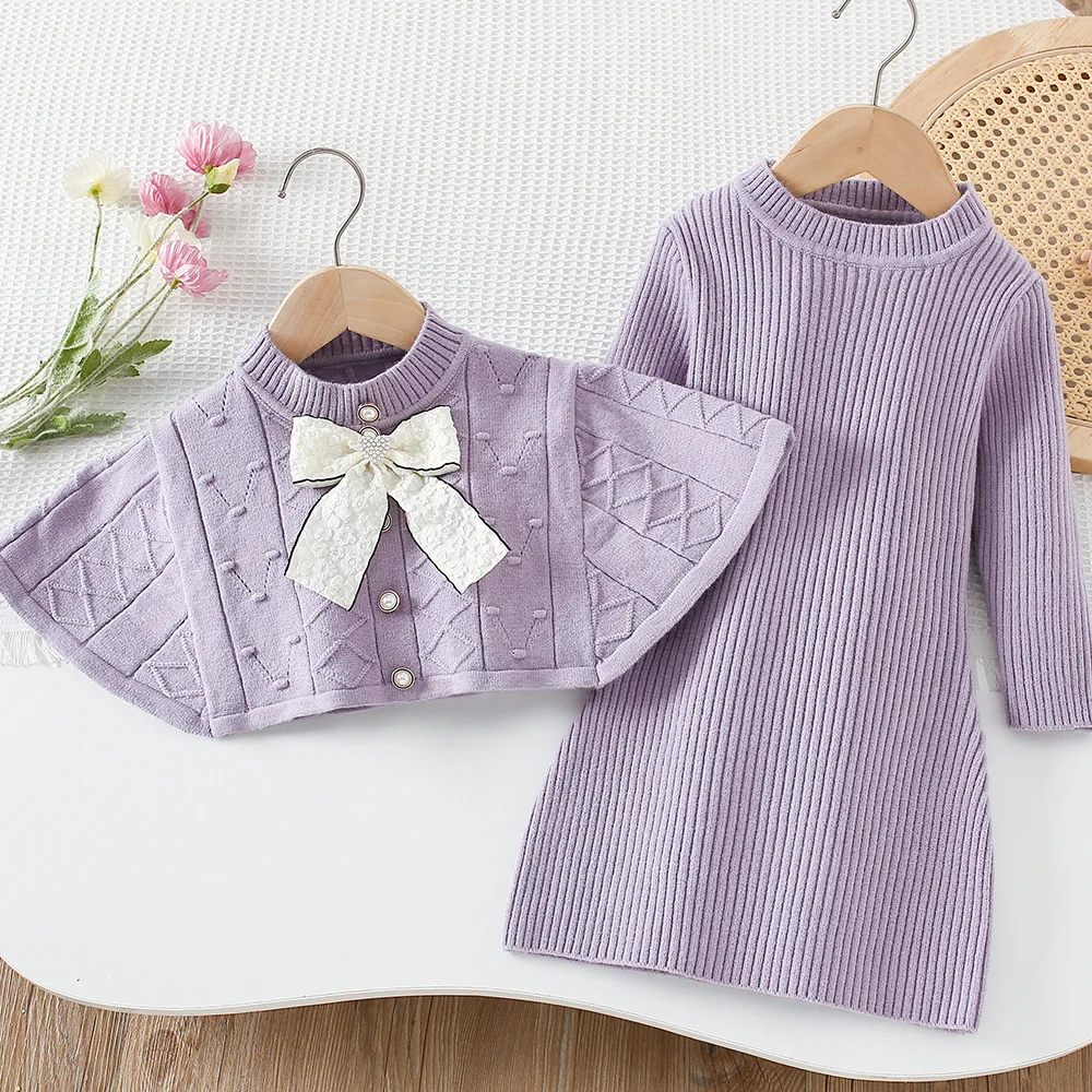 

2025 New Autumn Korean Style Cape knit Dress 2 piece for kids clothing Set Bowknot Long Sleeve Dress Set