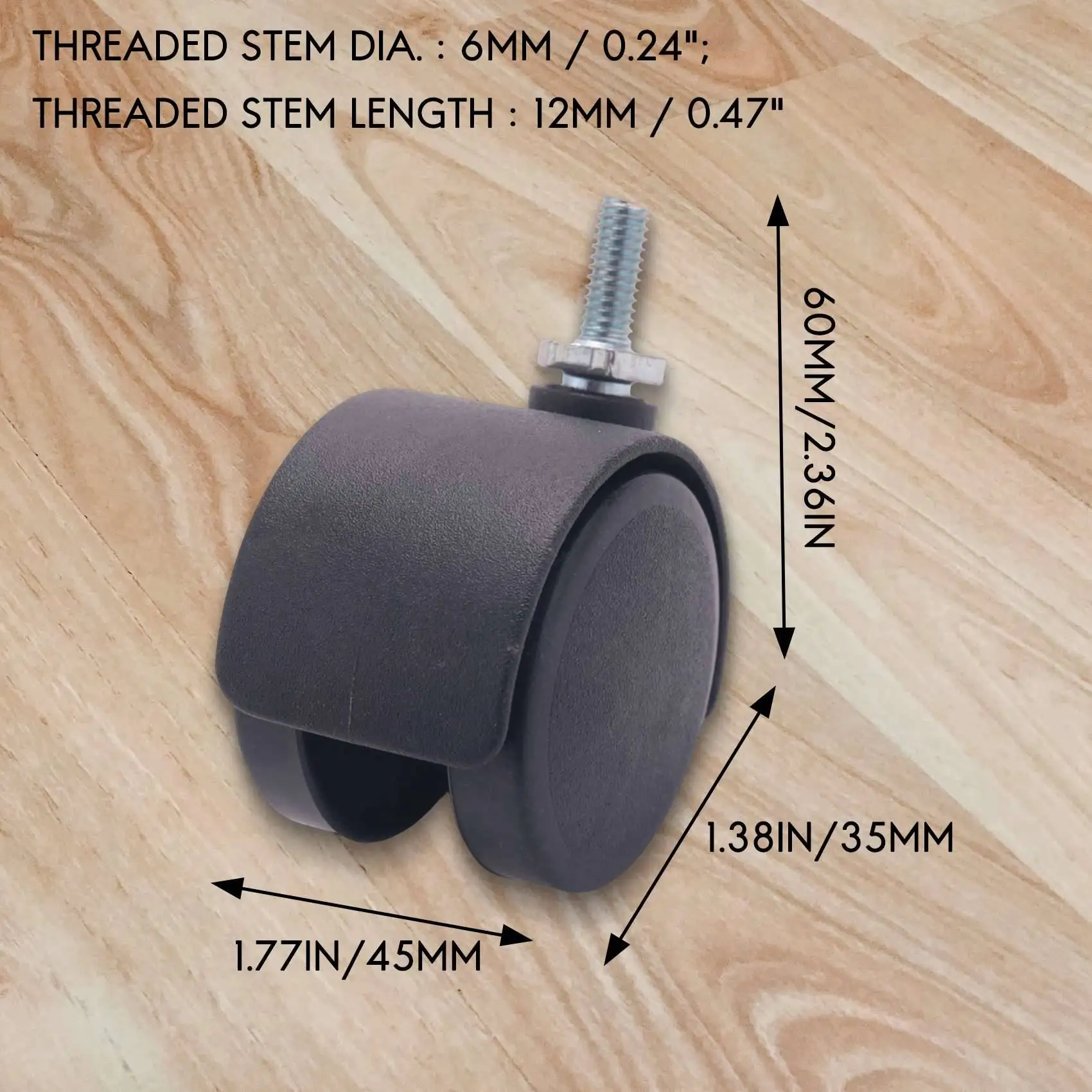 Stelo filettato da 6mm ruota girevole a doppia ruota da 40mm nera