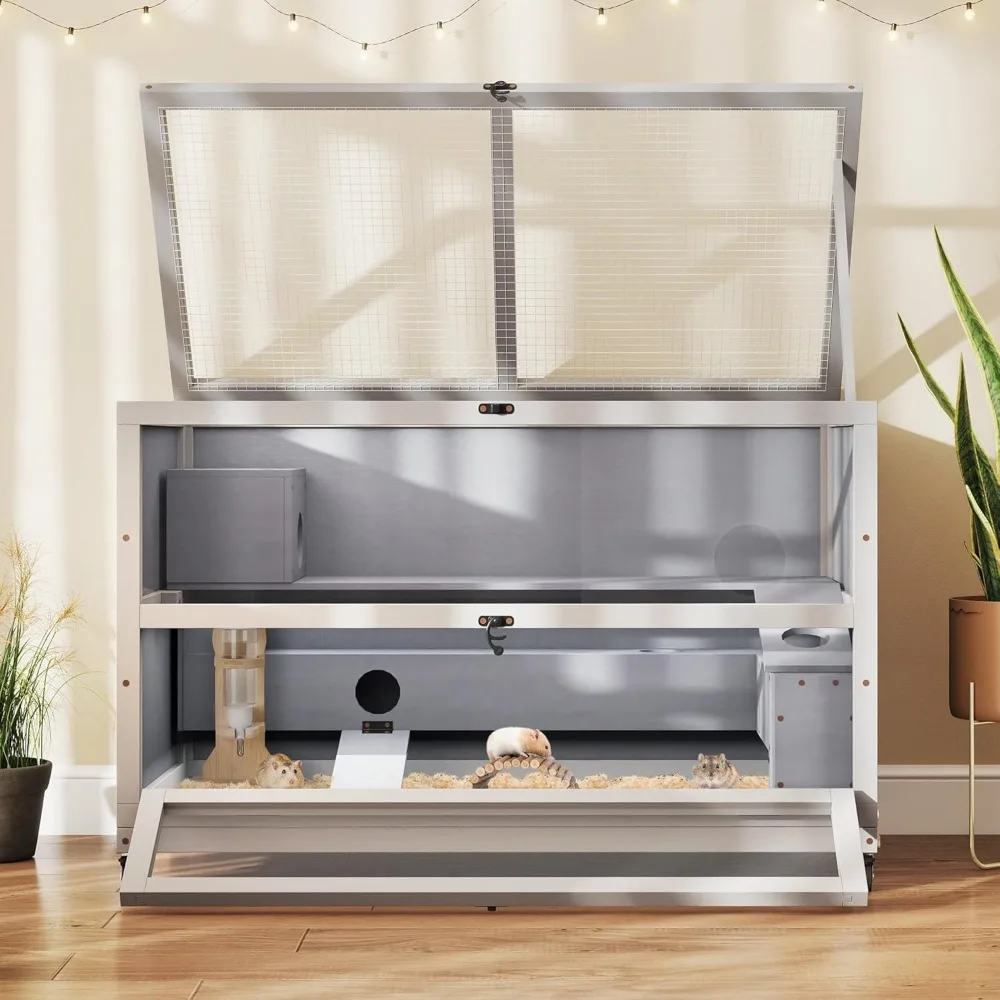 

3-Tier Wooden Hamster Cage 35.4'' with Removable Ramps & Tray, Small Animals Hutch with Wheels & 2 Openable Doors, Critt