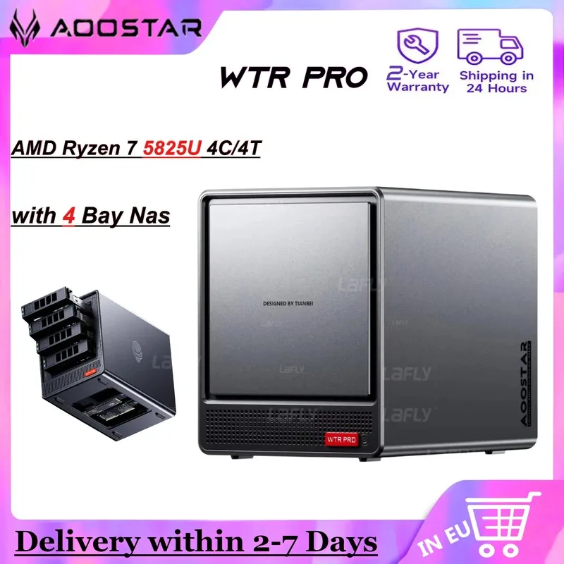 كمبيوتر AOOSTAR WTR PRO Mini مع 4 NAS bays AMD Ryzen 7 5825u 4C/4T، حتى 3.60 جيجا هرتز، يدعم محركات الأقراص الصلبة 2.5/3.5 بوصة * 4، NVME SSD * 1