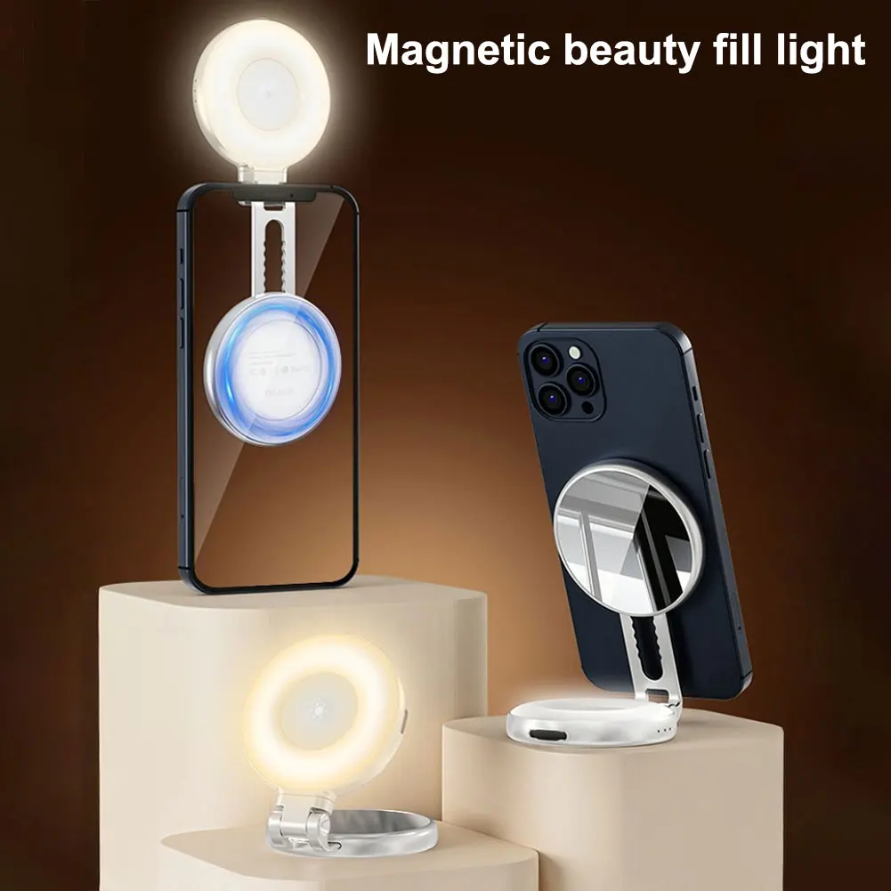 Luz para Teléfono 3 en 1 con Espejo, Luz LED de Relleno Recargable, Luz LED para Teléfono Celular para Viajes, para Selfies/Fotografía/Videoconferencias