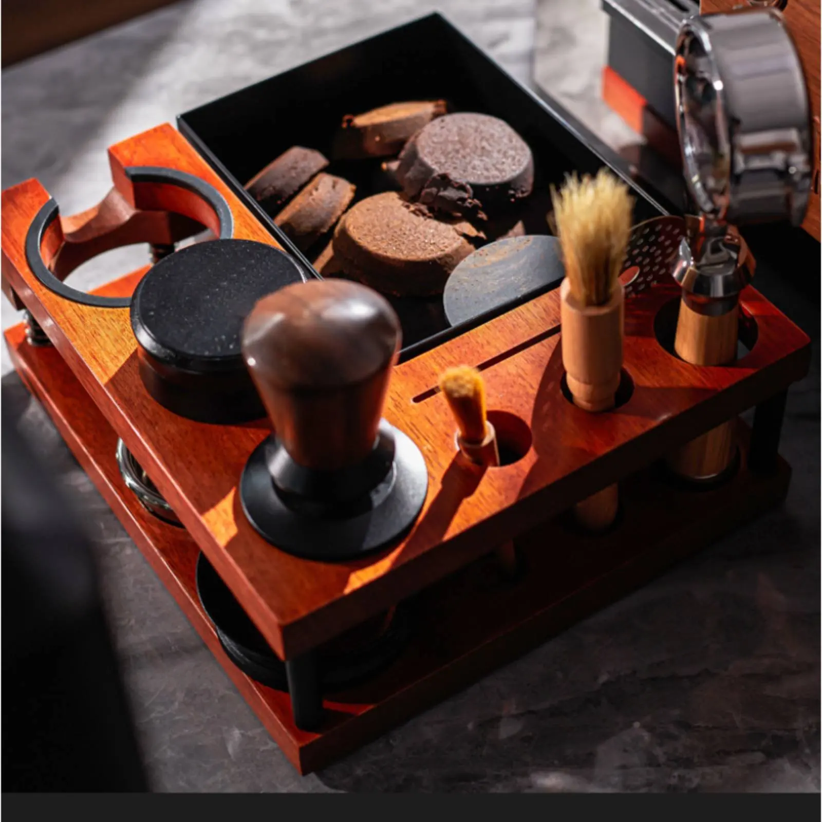 Wood Tamping Station Multi-Function Portafilter Dock Organizer Coffee Puck Press Base Organized Countertop for Home Baristas