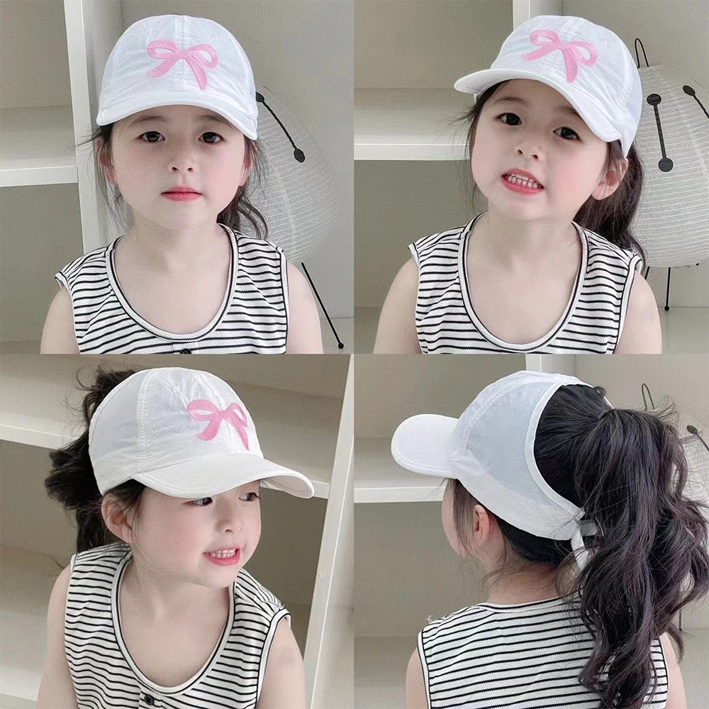 2024 NEW Girls Bow Embroidery Ponytail Baseball Cap Summer Sunscreen Caps Sweet Pink Sun Hat Children Sun Visor Hats Anti-UV Cap