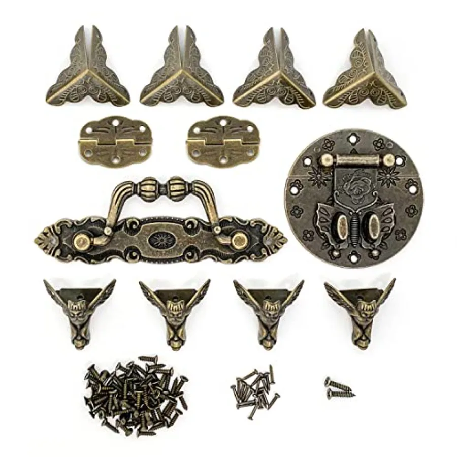 

Antique Jewelry Box Hinges and Latches Hasp Retro Drawer Handle Vintage Metal Box Corner Protector Box Feet w/Screws Hardware K