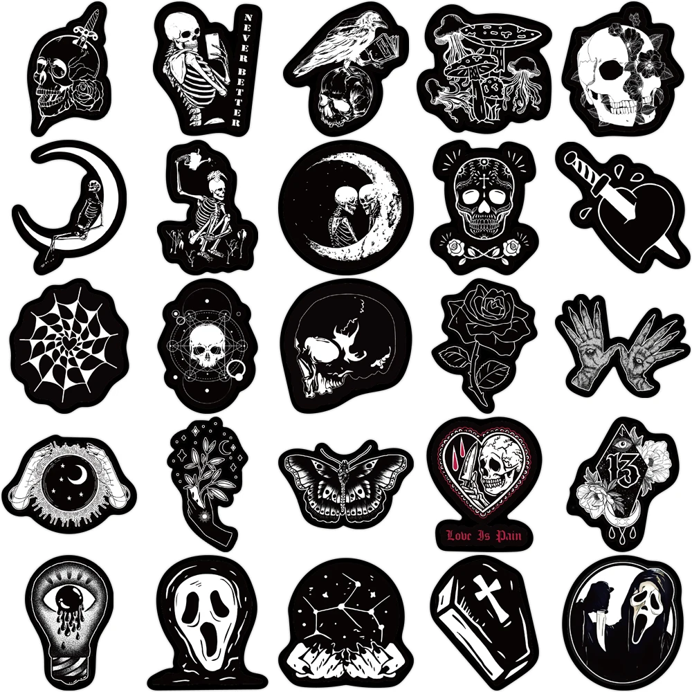 10/25/50pcs Black and White Gothic Skull Stickers Decals Cartoon Graffiti DIY  Notebook Luggage Wall Decoration PVC Sticker