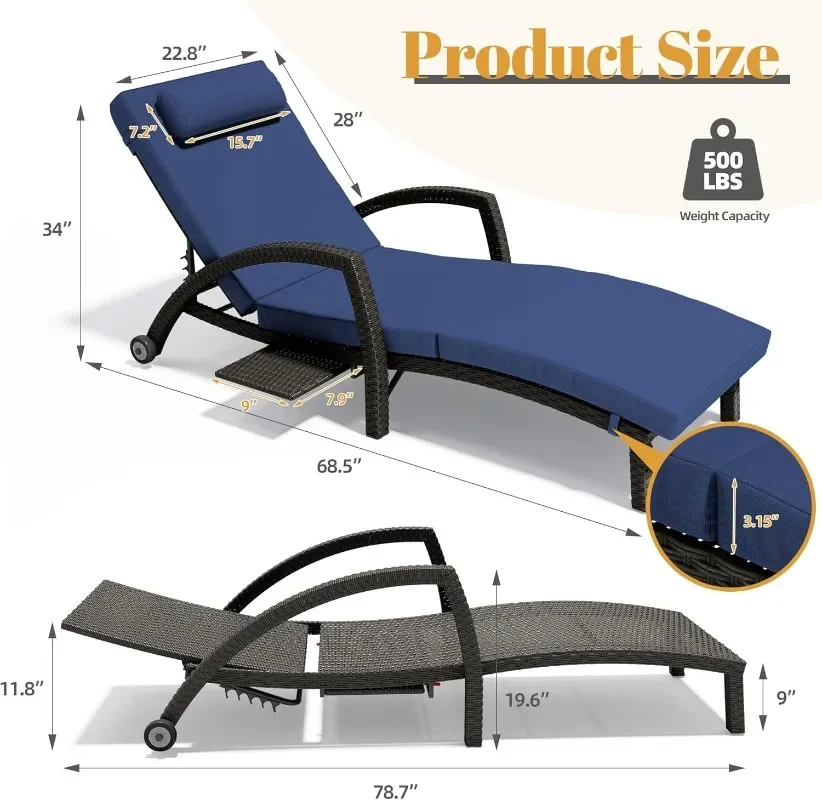 Outdoor Chaise Lounge Chairs Set of 4, 5 Position Adjustable Wicker Patio Pool Lounge Chair with Cushion, Pillow, Side Tray