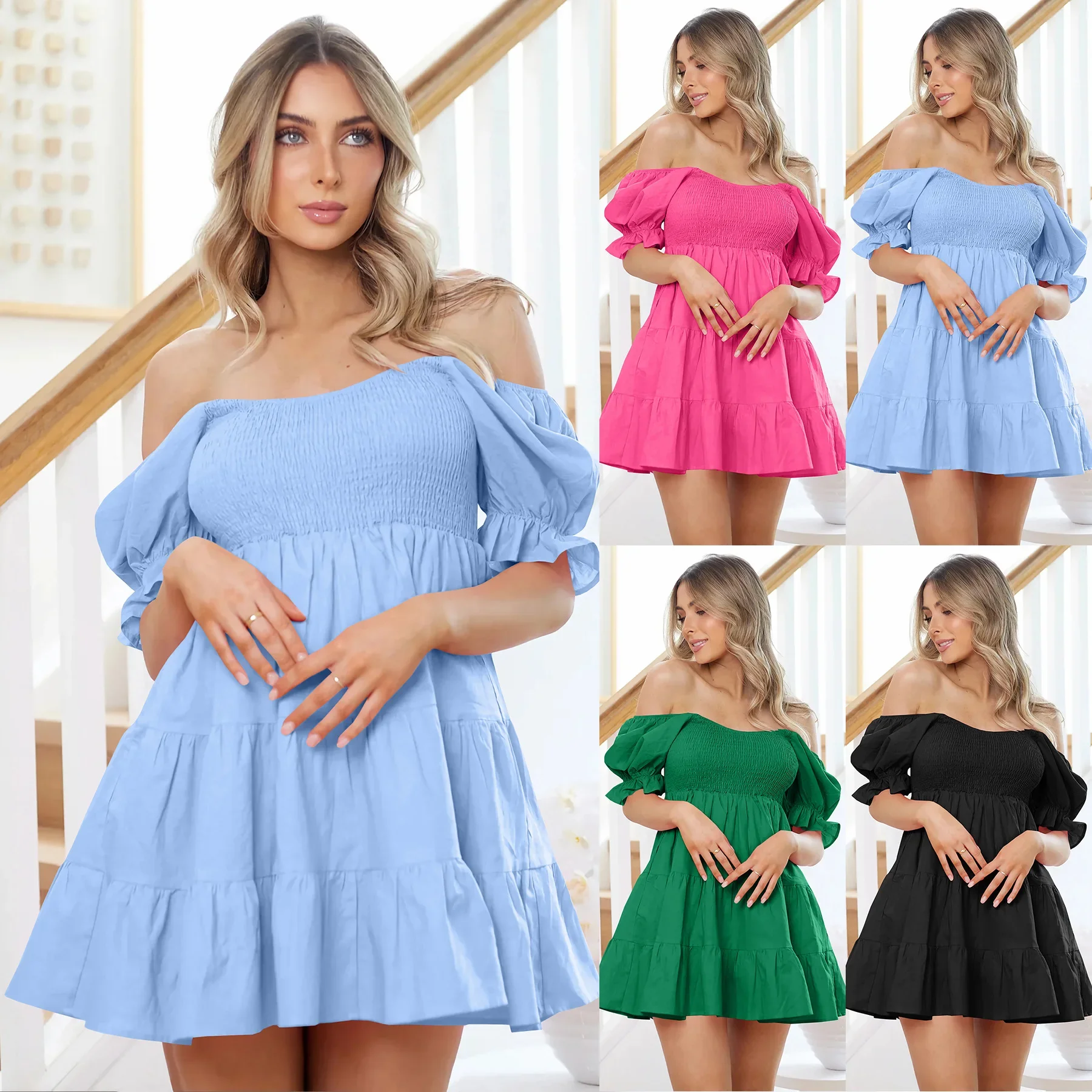 

Sexy Ruffle Cake Skirt Slim Fit Lantern Sleeve Short Dress Women's New Style