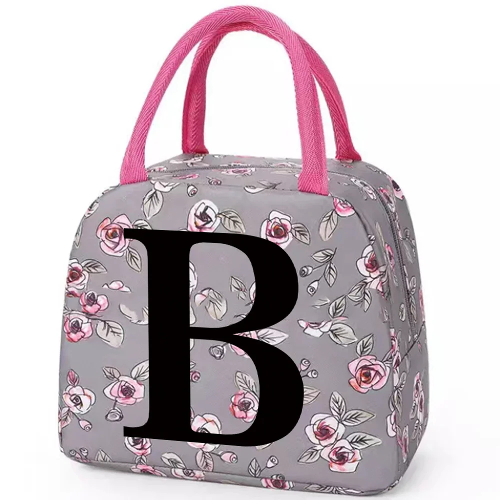 Zipper Lunch Bag for Kids Design Grey Flower Color Lunch Box Microwave Safe Dinner Box Printing Black Letter