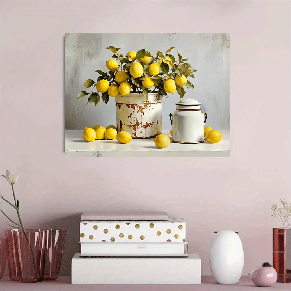 1PC-Unframed Canvas poster wall decoration  Lemon Tree Still Life Rustic Pottery Jar Vintage Decor Art Print