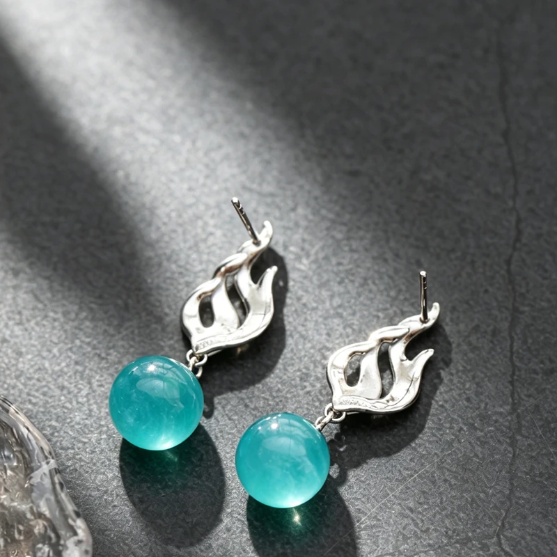 Sophistication S925 Sterling Silver Earring Flame Design Drop Earrings Natural Amazonite Platinum Plated Jewelry Gift
