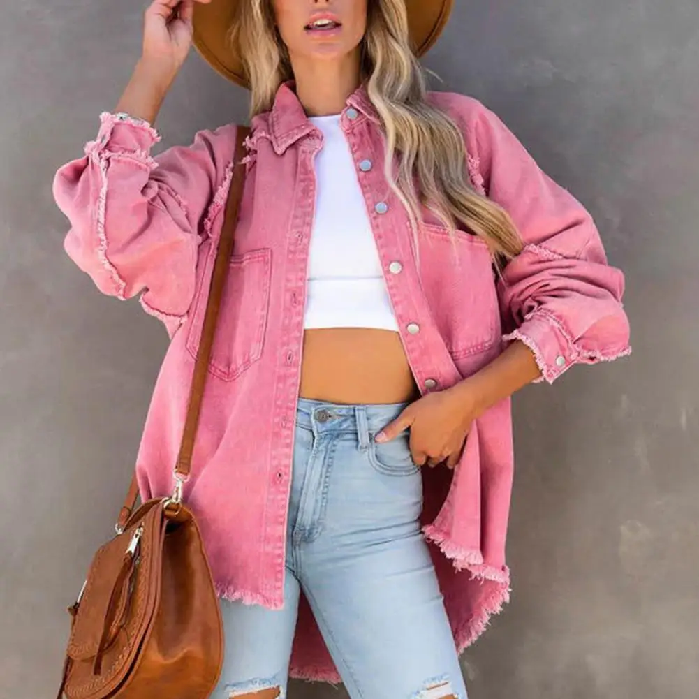 Botão encerramento Denim Jacket feminino, angustiado casaco com franja Hem, mulheres Streetwear, grandes dimensões, bolsos Fit