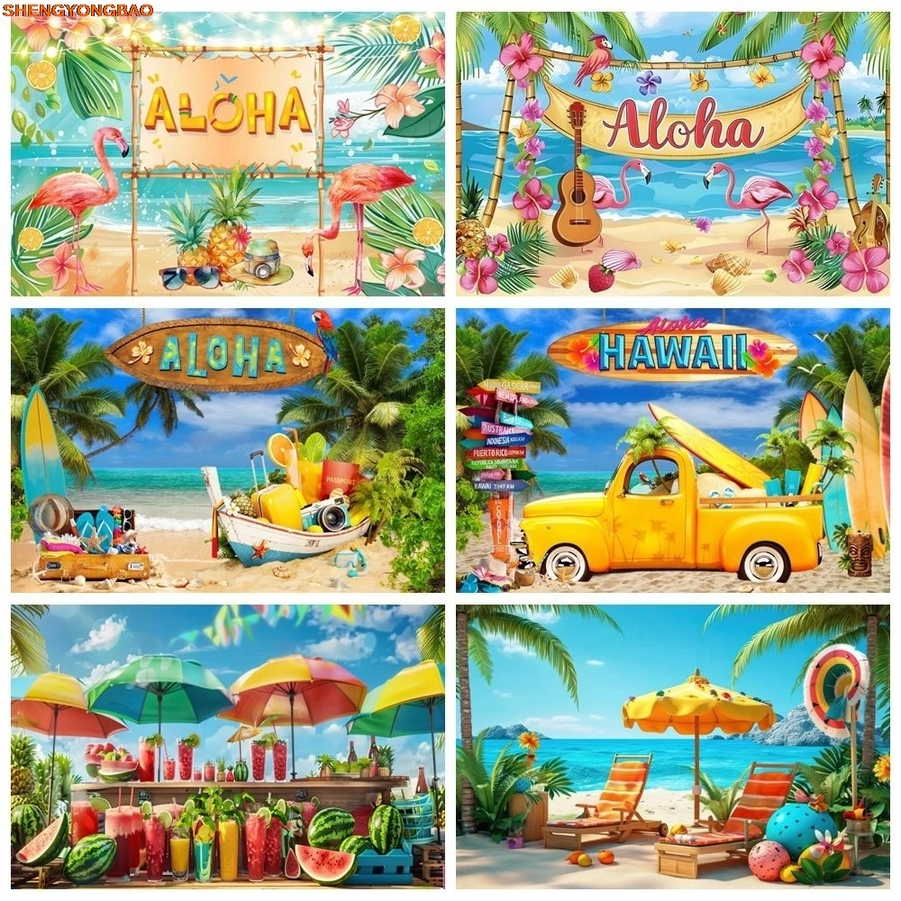 

Summer Beach Aloha Party Backdrop Seaside Flamingo Palm Tree Tropical Fruit Birthday Holiday Portrait Photography Background