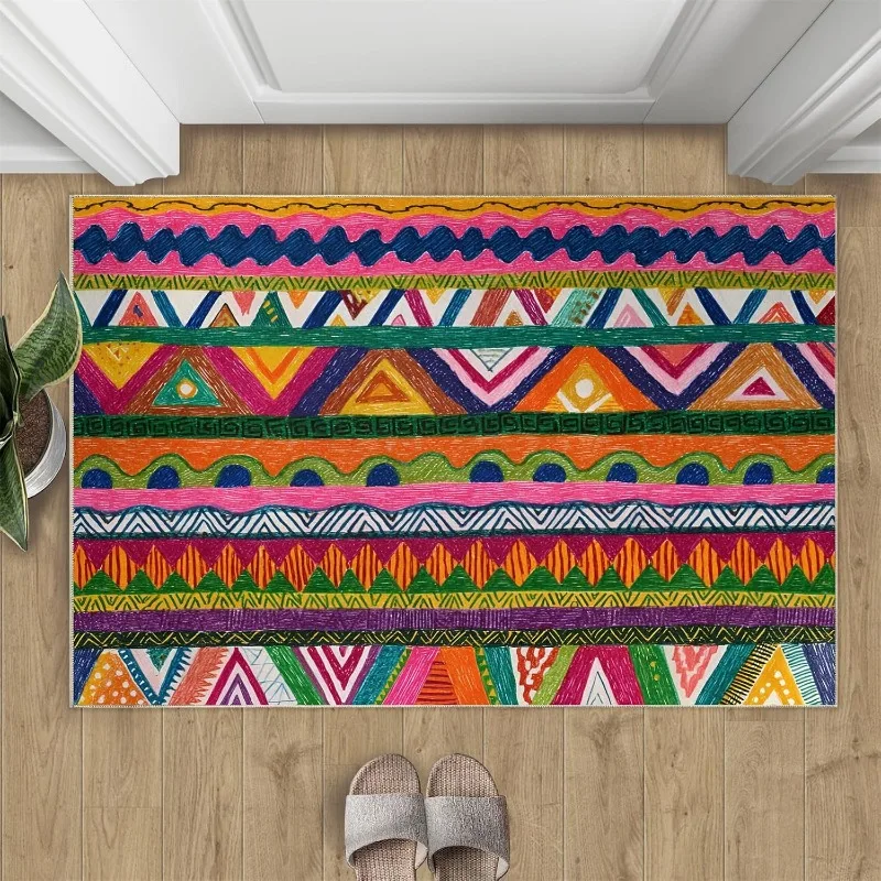 Alfombra de Entrada de Estilo Bohemio, Alfombra de Bienvenida con Patrón Geométrico Multicolor, Alfombra Suave Antideslizante para Decoración del Hogar, Alfombra para Sala de Estar