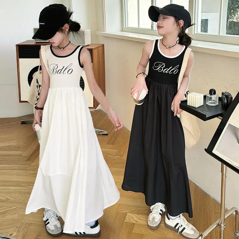 UNITIM Summer Children Girls Sundress 4-14Yrs Kids Girls Letter Printed Sleeveless Dress Junior Girls Round Collar Long Dresses