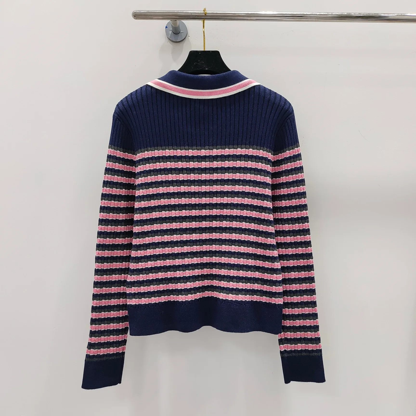 EVACANDIS Women New Casual Sweet Striped Knitted Pullover Tops Long Sleeve Turn-down Collar Vintage Chic Wool Blended Sweater