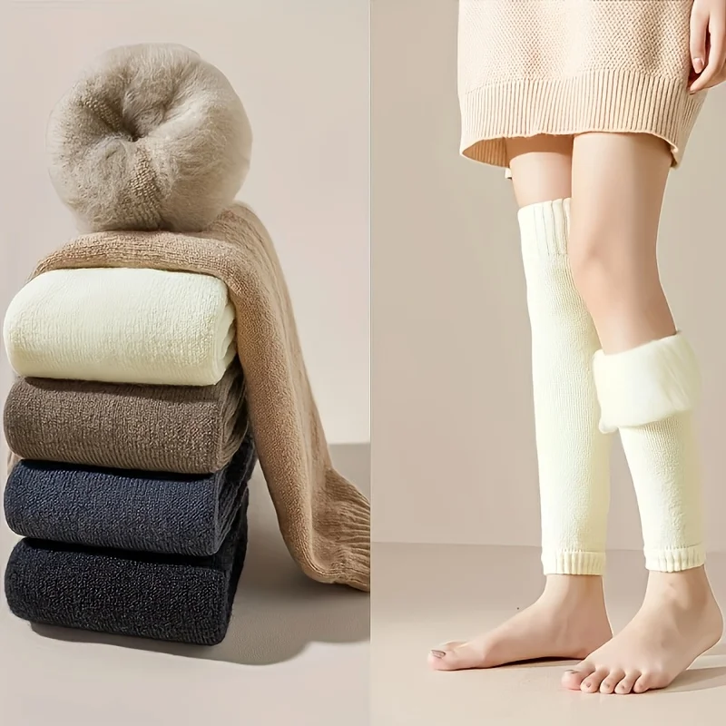 1 Paar dicke kniehohe Strümpfe für den Winter, winddicht, mit Plüsch gefüttert, thermisch elastisch, für den Außenbereich, gemütliche Leggings, warme Beinabdeckungen – Detail 1