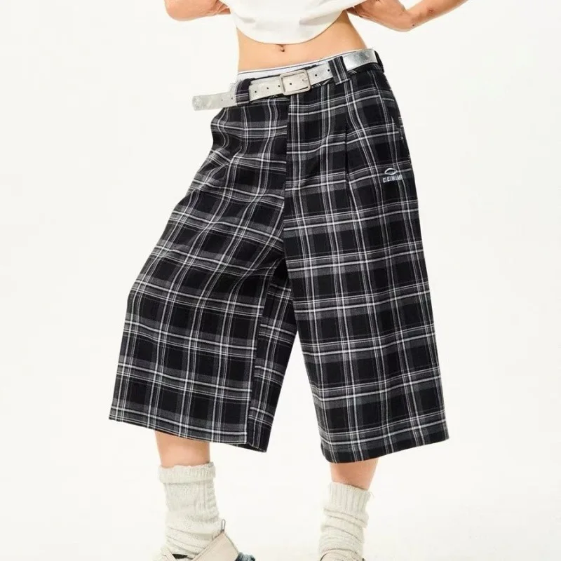 

American Street Style Summer 2025 Retro Plaid Casual Wide-Leg Pants Unisex Versatile Trendy Loose Cropped Pants