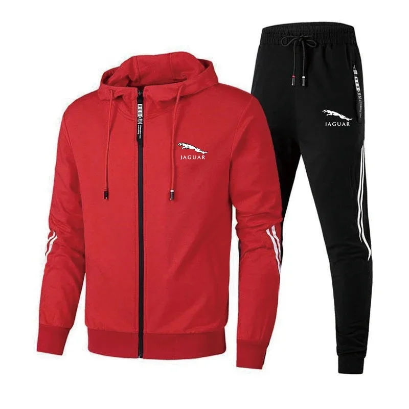 Men Jaguar Car Logo Print 2 Piece Sets Sportswear Zip Hooded Sweatshirt+Pants Gym Running Men Clothing 2024 New Tracksuit Sets