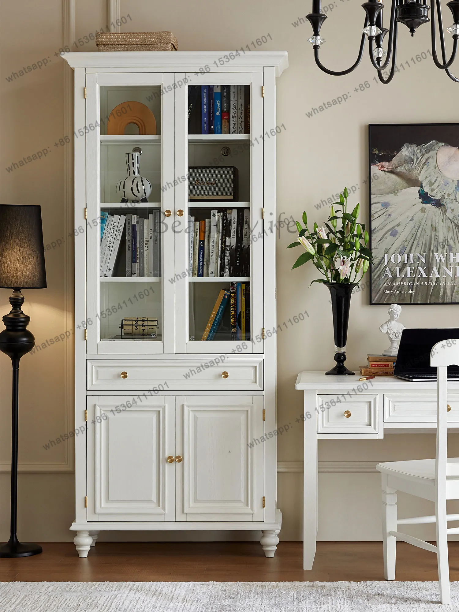 

American all solid wood three doors four bookcases French light luxury high-end all logs