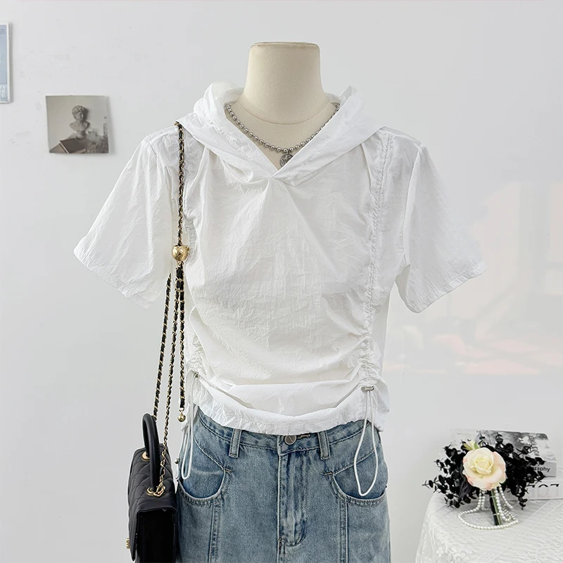 

Gagaok Korean Style Women Shirt Drawstring Hooded Short Sleeved Shirt Summer 2025 Sweet Casual Pleated Ladies Top Camisas