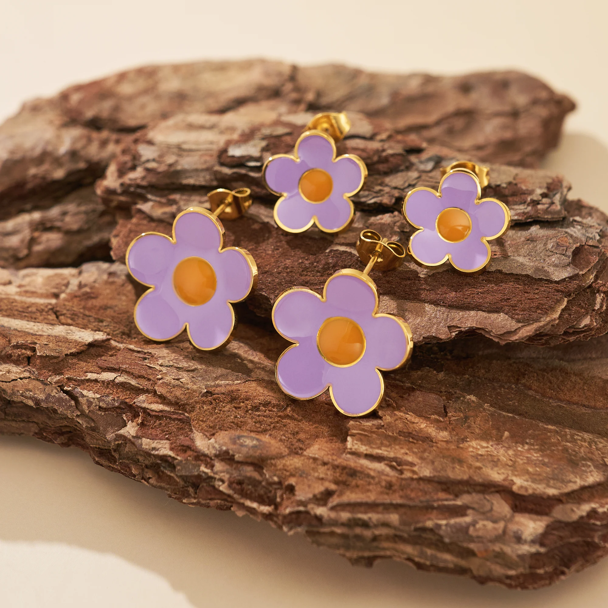 DASEIN Lavender Drop Glue Flower Stud Earrings 18k Gold Plated Unique Hypoallergenic Stainless Steel Indian Designer Jewelry
