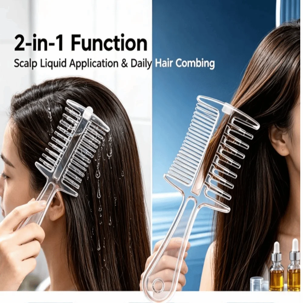 2-in-1 Function Essential Oil Applicator Comb Rolling Metal Teeth Transparen Hair Oil Serum Brush Dual Sided Teeth