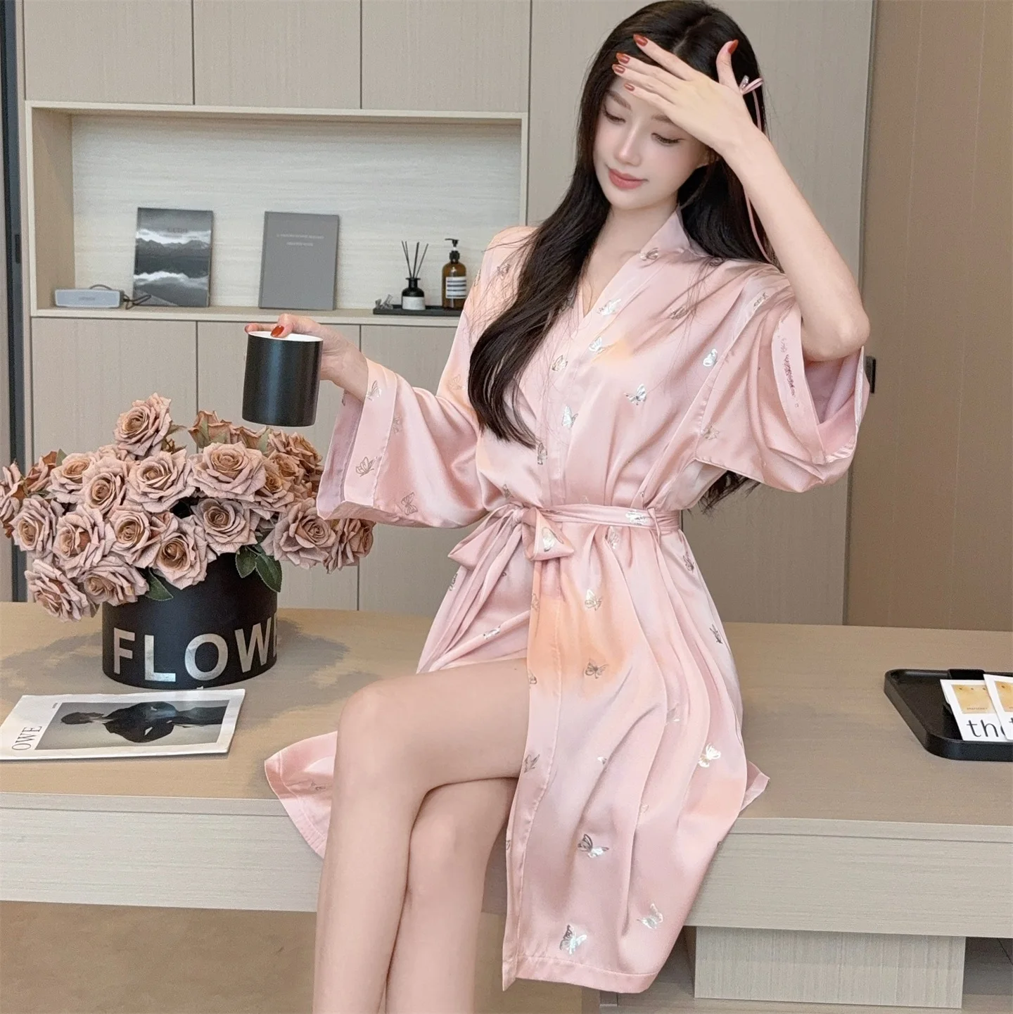 DAIMELU summer nightgown women's cold silky long-sleeved nightwear bathrobe simple pajamas suit lady sleepwear set female nighty
