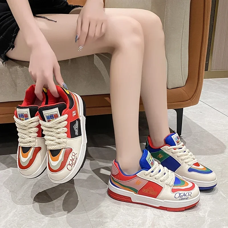 2025-new-women's-patchwork-flat-skateboard-shoes-low-top-lace-up-sneakers-non-slip-breathable-walking-comfrotable-tennis-shoes