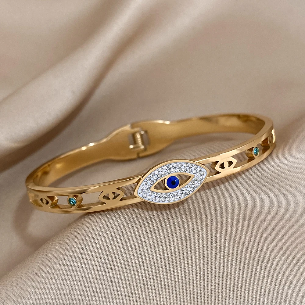 Stal bransoletki ze stali ze stali nierdzewnej z luksusowymi kryształkami dla kobiet 18K pozłacane Evil Eye bransoletka wodoodporna biżuteria prezenty — zdjęcie 3