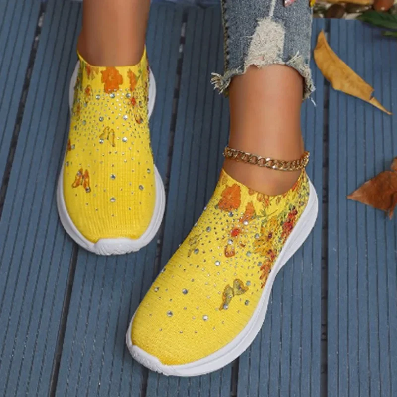 2024 Summer Knitted Flats Shoes Woman Prints Shiny Crystal Slip-On Walking Shoes Women Breathable Mesh Butterfly Flower Sneakers