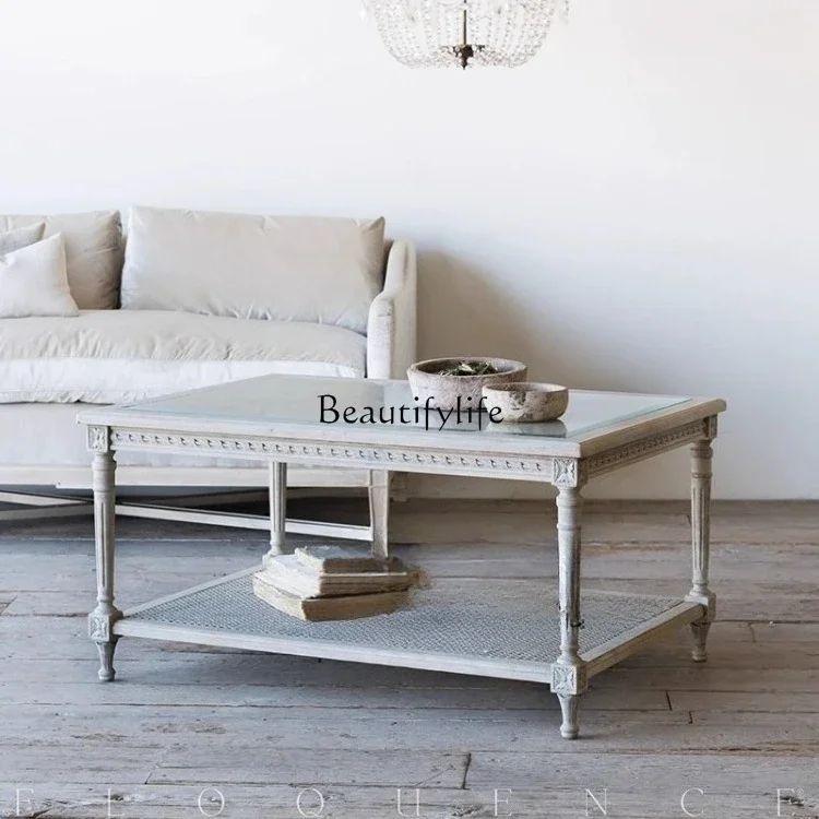 

yj7 French-style Living Room Square Solid Wood Coffee Table Vintage American-style Glass Top Tea Table