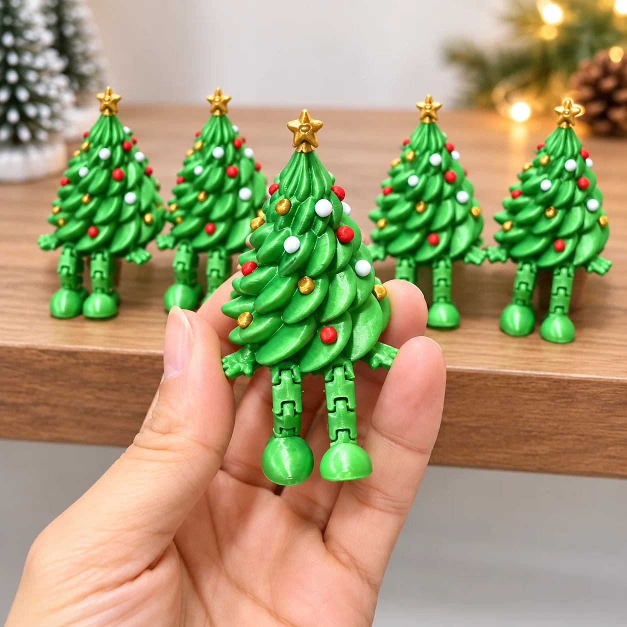 6pcs 3D Printed Christmas Tree Model Movable Joint Figurine Creative Desktop Ornament Home Room Holiday Decor Christmas Gift