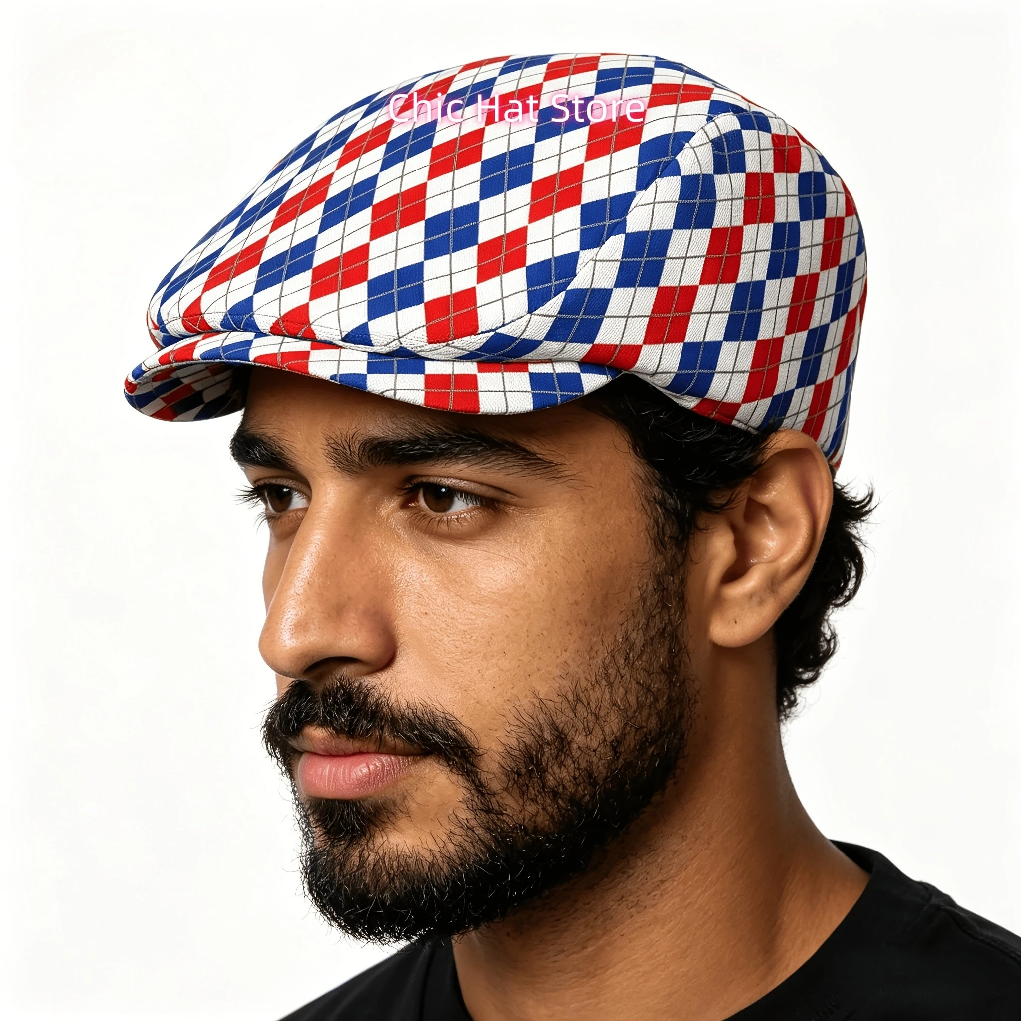 1pc Red Blue Geometric Grid All-over Print Flat-top Hats for Men and Women, Newsboy Caps, Berets, Irish Hats, Driver Caps,  Hats