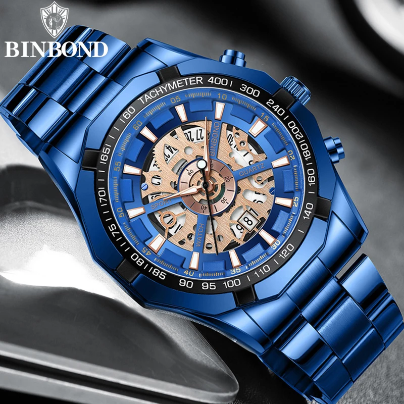 BINBOND Luxury Hollow Non-Mechanical Business Quartz Men Watches 30M Waterproof Trendy Hollow Design Classics Men Watches S033