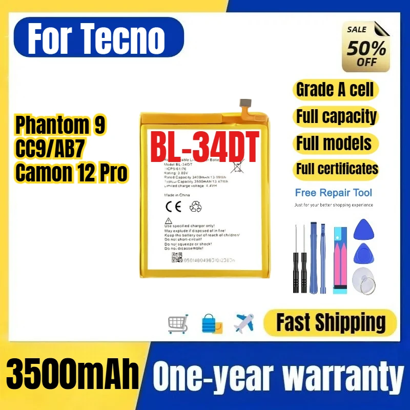 Аккумулятор BL-34DT для телефонов Tecno Phantom 9/CC9/AB7/Camon 12 Pro, высококачественная замена батареи, емкостный элемент класса А, с инструментами
