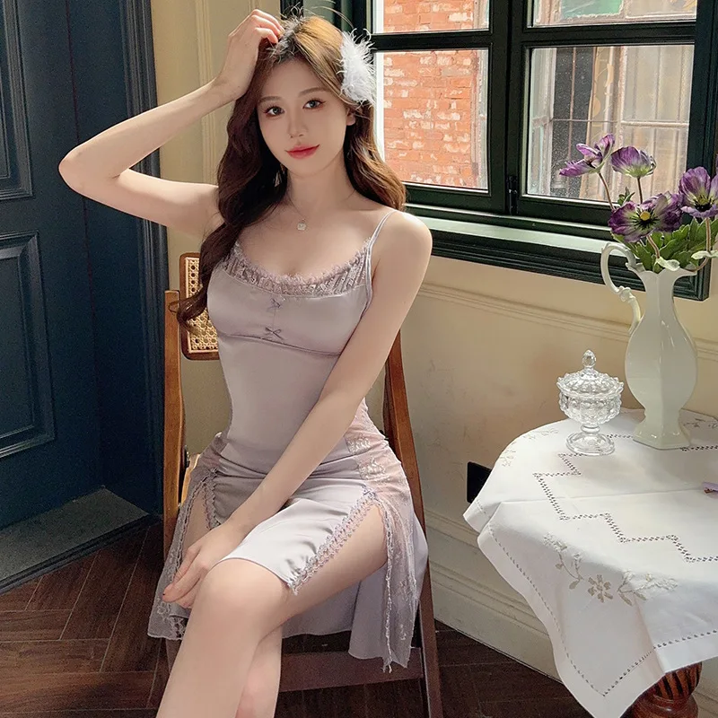 Spring Summer Bathrobe Gown Suit Female Nighty&Robe Set Sleepwear Silky Satin Kimono Sexy Lace Nightgown Lingerie Home Dress