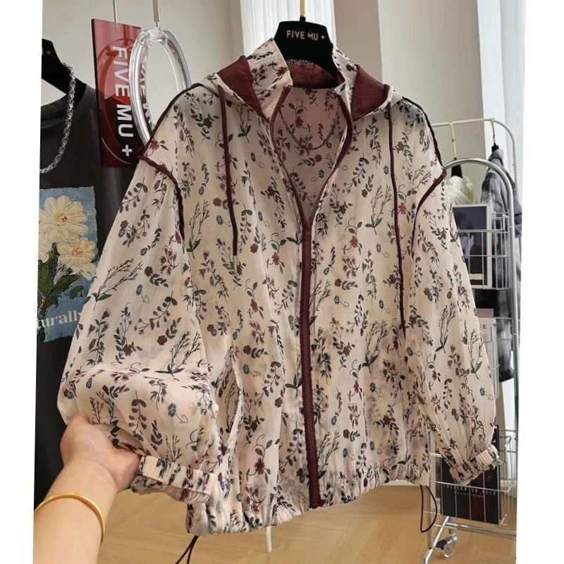 Korean Summer Commute Thin Sunscreen Clothing Women\'s Patchwork Hooded Drawstring Printed Zipper Pockets Loose Long Sleeve Coats