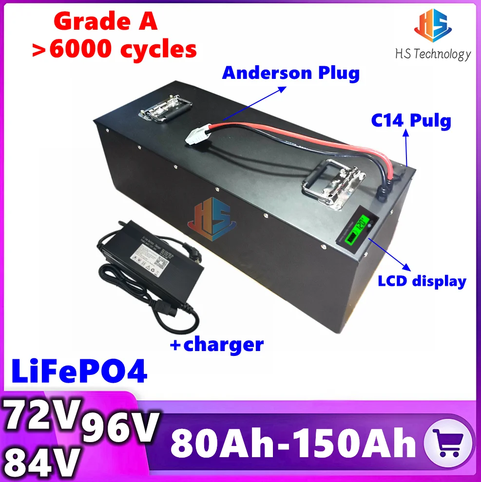 

LiFePO4 battery 72V 84V 96V 100AH 110AH 120AH 125AH 130AH iron phosphate battery pack with BMS for EV RV AGV Golf Cart+charger
