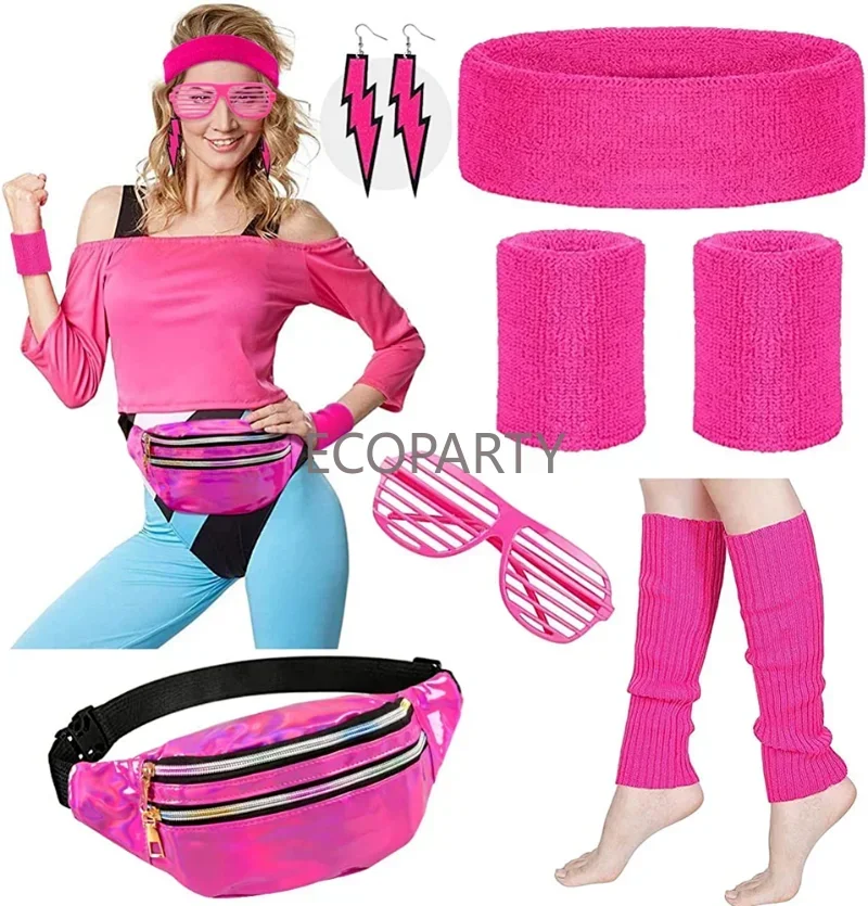 2023 80er Jahre Workout Kostüm Zubehör Set für Frauen Sport Gürtel tasche Neon Stirnband Handgelenks chutz Sporttasche Blitz Ohrringe