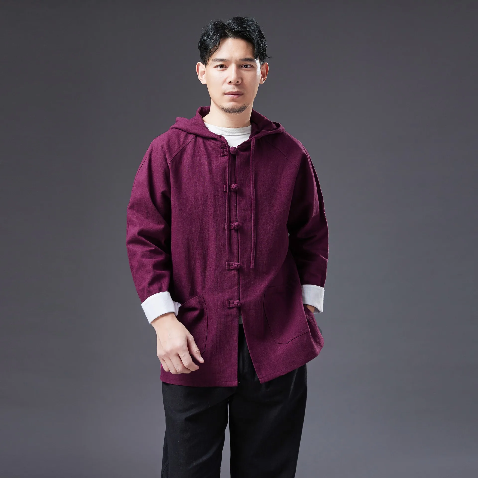 

Spring New Ramie Coat Men's with Hood Rollable Sleeves Shirt Chinese Style Loose Men's Top