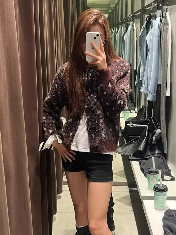 Cárdigan de Punto para Mujer, Novedad de Primavera-Otoño, Cuello Redondo, Manga Larga, Parches de Piel Sintética, Lazo de Mar...