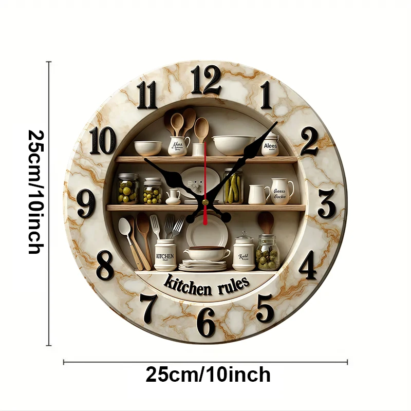 2D Flat Kitchen Rules Design Wooden Round Silent Hanging Wall Clock,For Living Room,Office,Study Room,Bedroom, Home Decoration