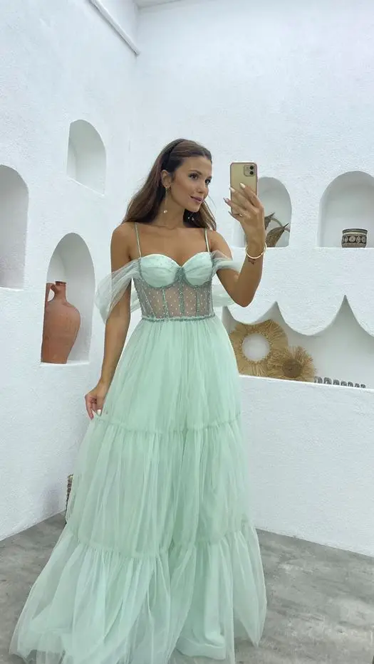 Msikoods 그린 댄스 파티 드레스 코르셋 끈이 없는 계층화 된 슬릿 공식 가운 섹스 이브닝 드레스 우아한 파티 드레스 드레스 맞춤형