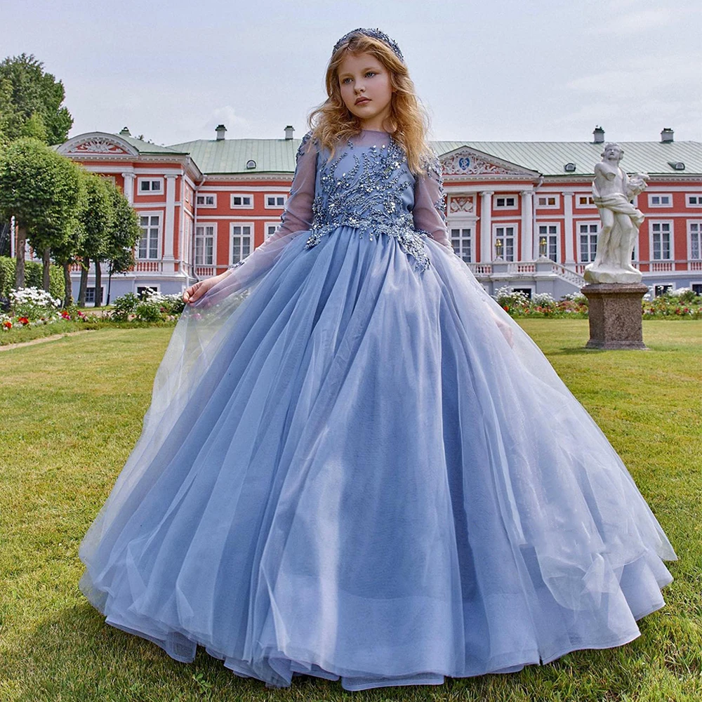 Vestido de baile de flores para niña, cuello de Joya, mangas largas, apliques de cuentas, largo hasta el suelo, fiesta de graduación, vestidos de comunión