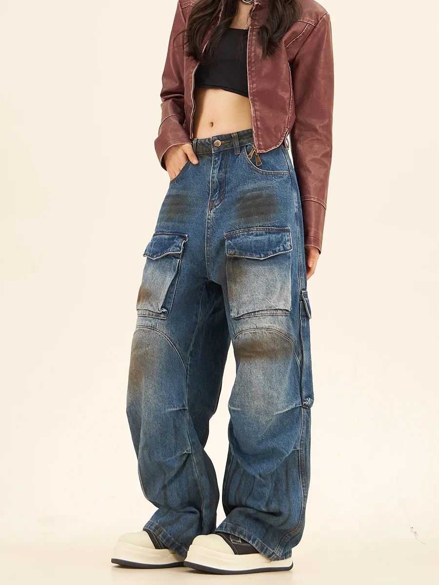 Wasteland Wind Multi-pocket Tooling Jeans Women's 2024 Autumn New Loose Bf Trendy Brand Wide Legs